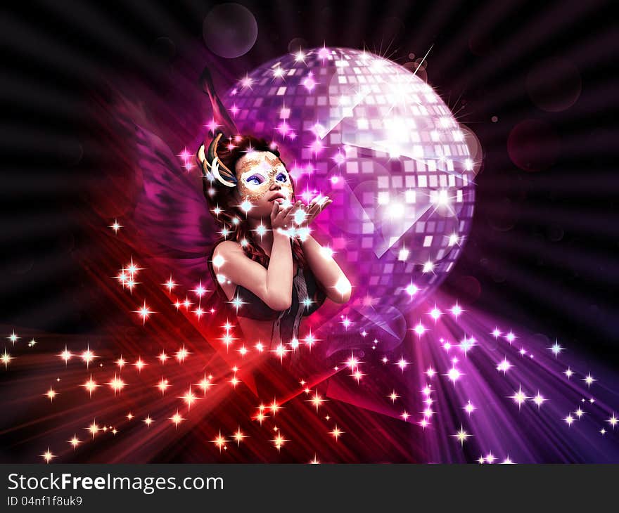 Abstract illustration of a girl on disco party background.