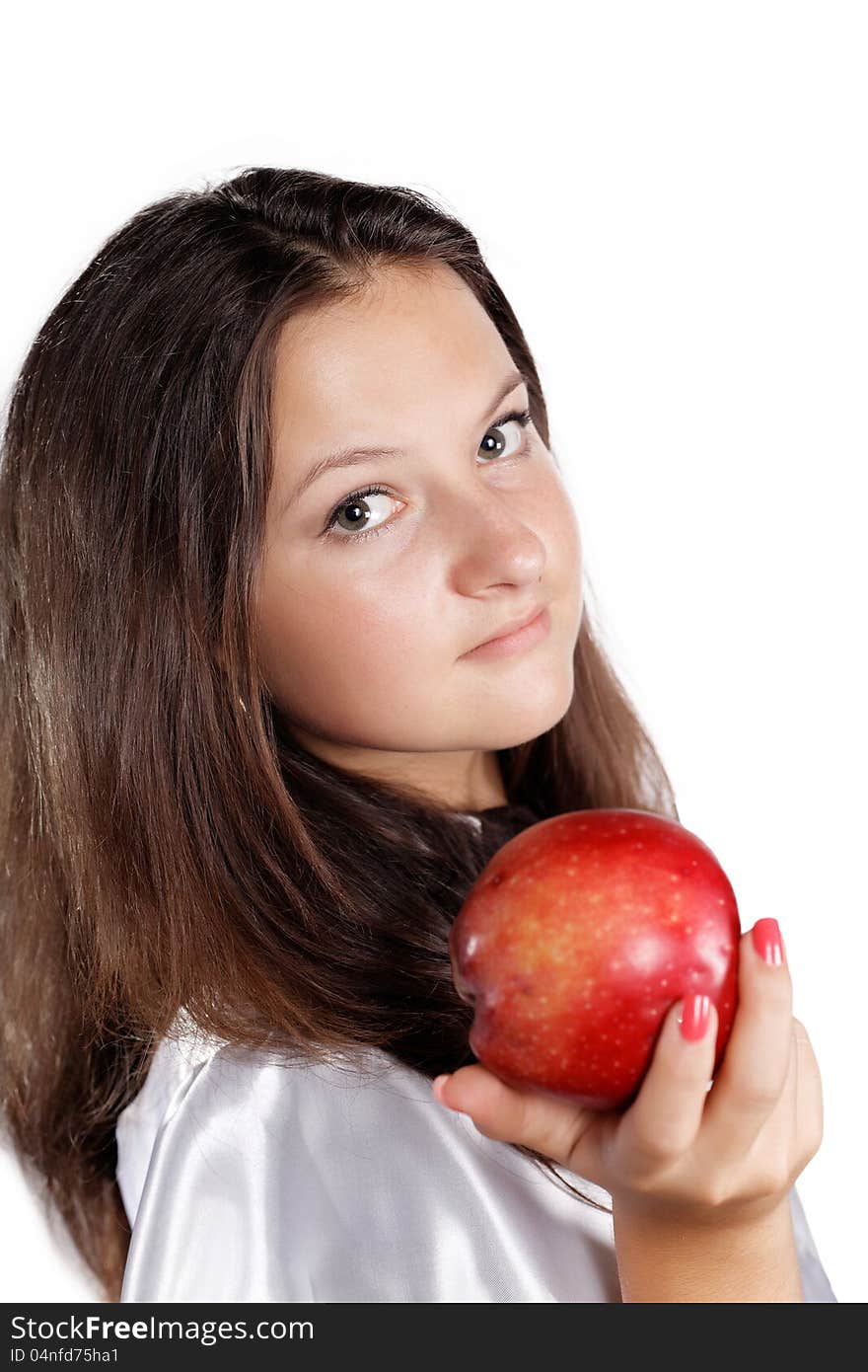 Girl offers an apple isolated white background