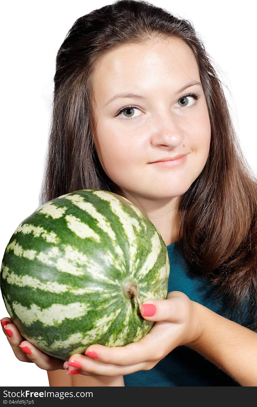 Girl Offers A Watermelon Isolated