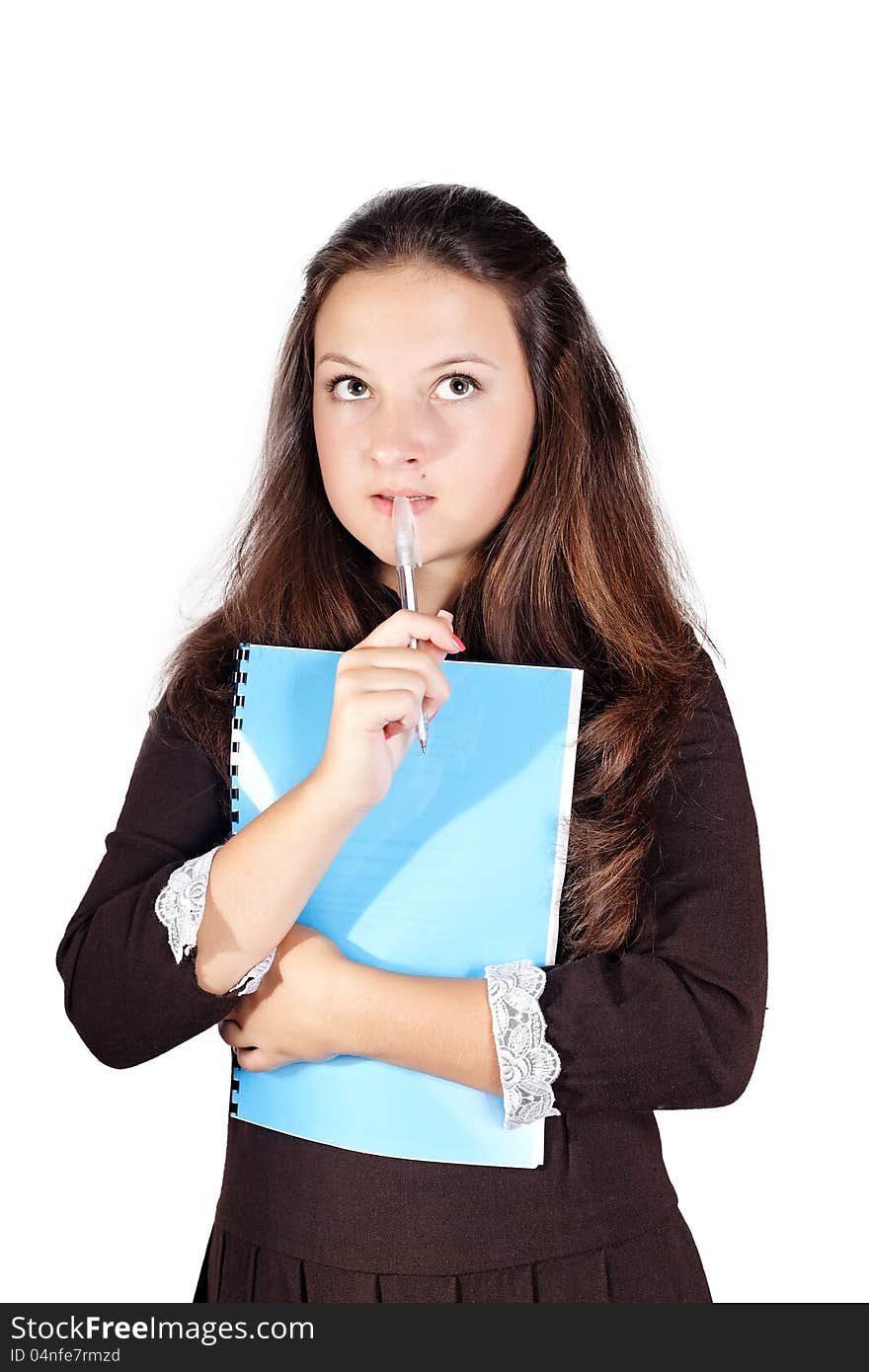 Schoolgirl with a folder isolated white background