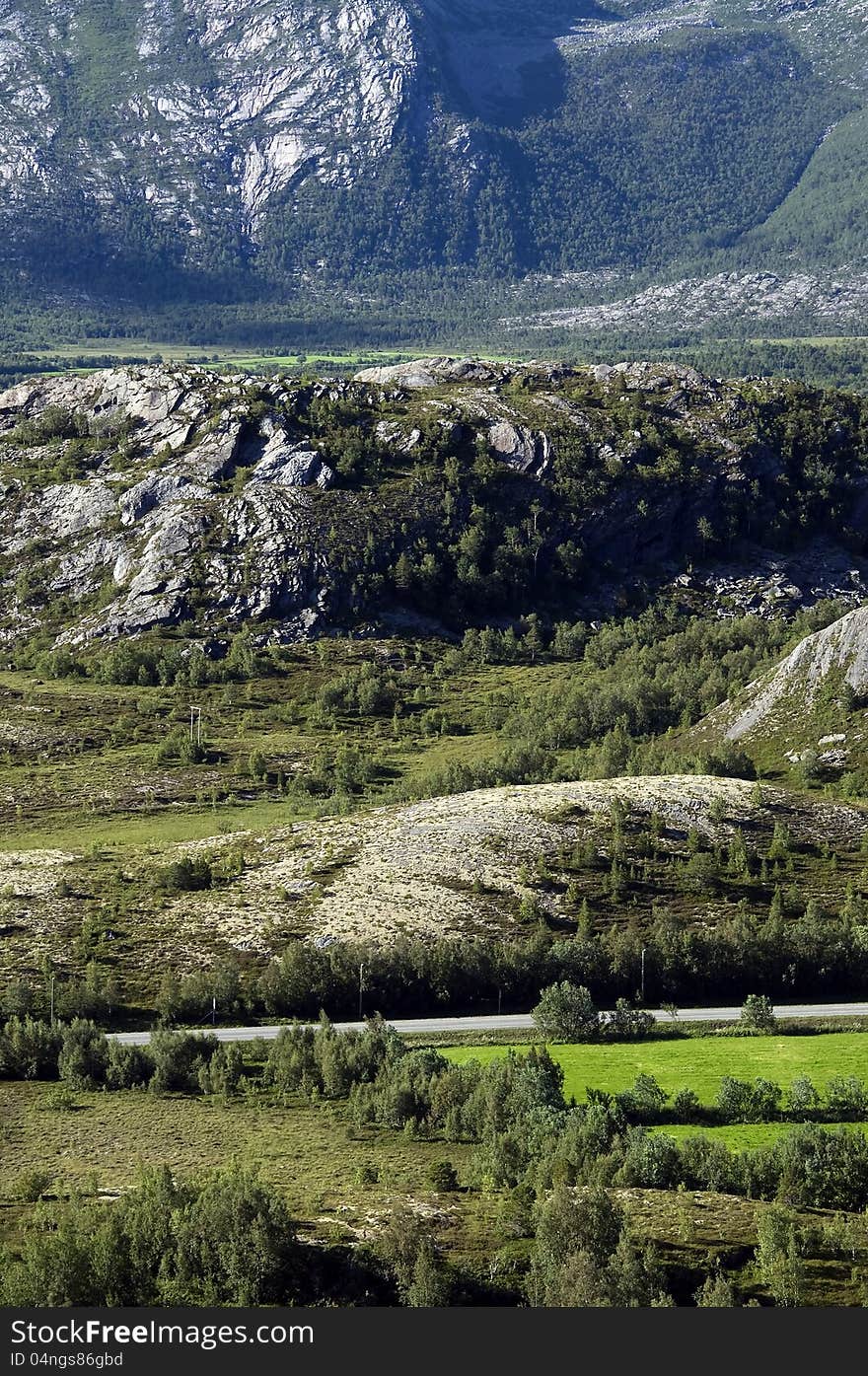 Trees and grass and mountains in outdoor scene. Trees and grass and mountains in outdoor scene