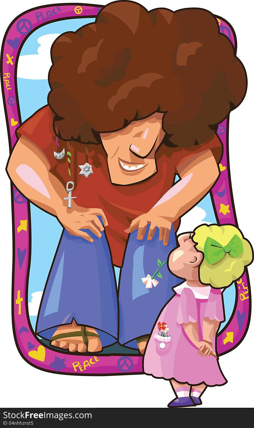 Hippie and girl - funny colorful caricature in cartoon style.