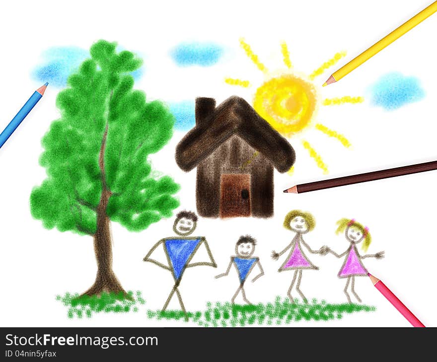 Drawing of a house, tree and happy family. Drawing of a house, tree and happy family.