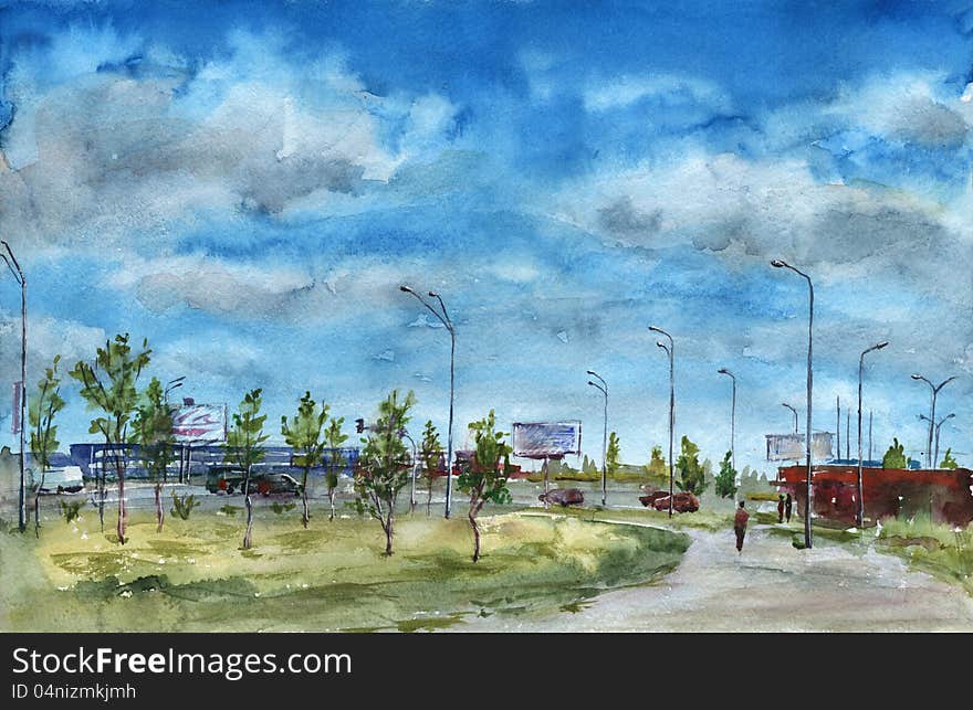 Urban landscape near a highway. Cloudy sky. Watercolor painting. Urban landscape near a highway. Cloudy sky. Watercolor painting.