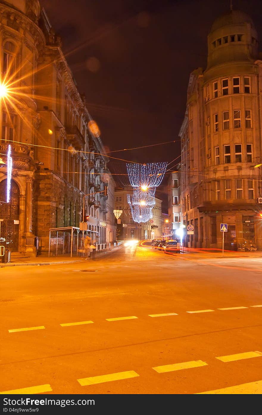 Night streets at the Lviv, Ukraine