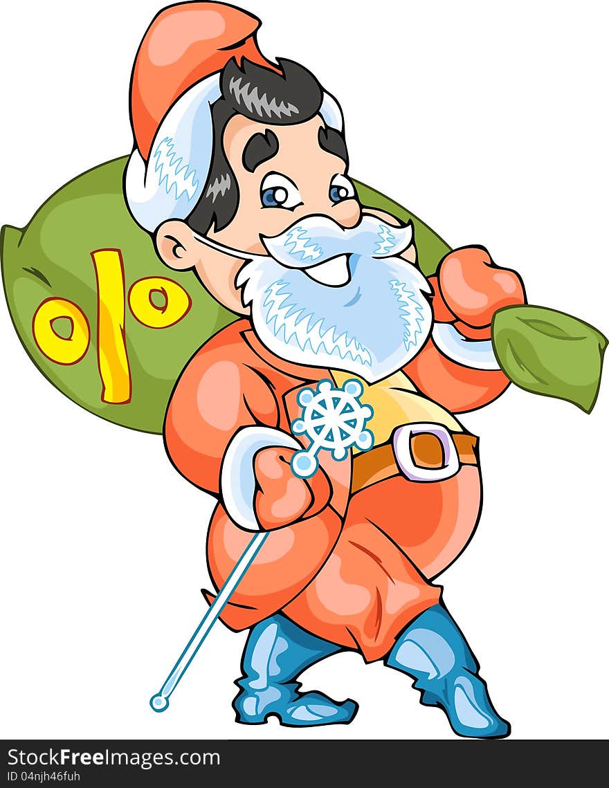 The Illustration shows Santa Claus in business style. Santa have a presents bag with percent symbol in one arm and ice wonder stick in another arm. Santa dressed in red hat, fur coat, pants and boots. The illustration done in cartoon style. The Illustration shows Santa Claus in business style. Santa have a presents bag with percent symbol in one arm and ice wonder stick in another arm. Santa dressed in red hat, fur coat, pants and boots. The illustration done in cartoon style.