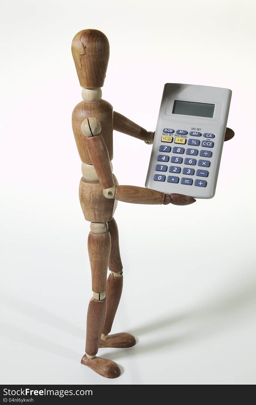 A wood doll with calculator