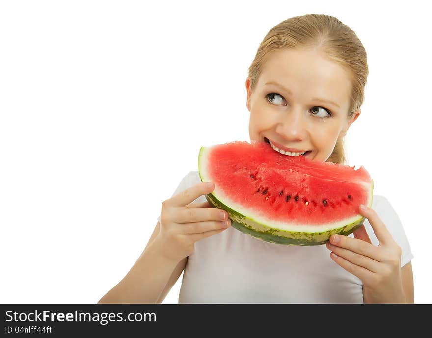 Young woman eating a juicy watermelon isolated on white background. Young woman eating a juicy watermelon isolated on white background