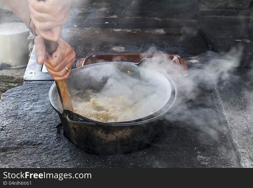 Cooking polenta on wood stove