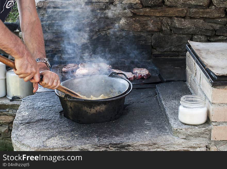 Cooking polenta on wood stove