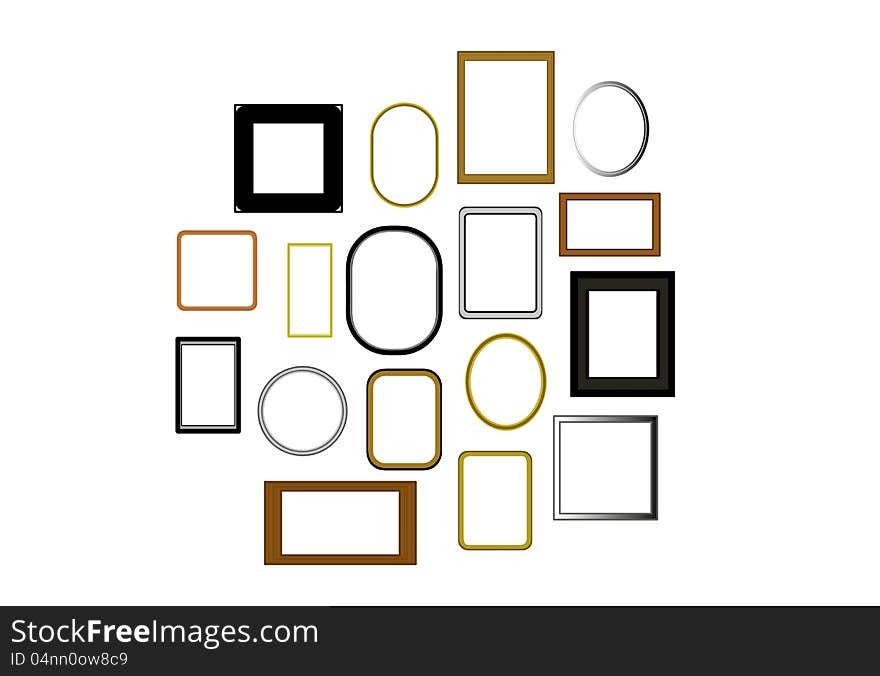 Vector picture frames of many sizes and colours