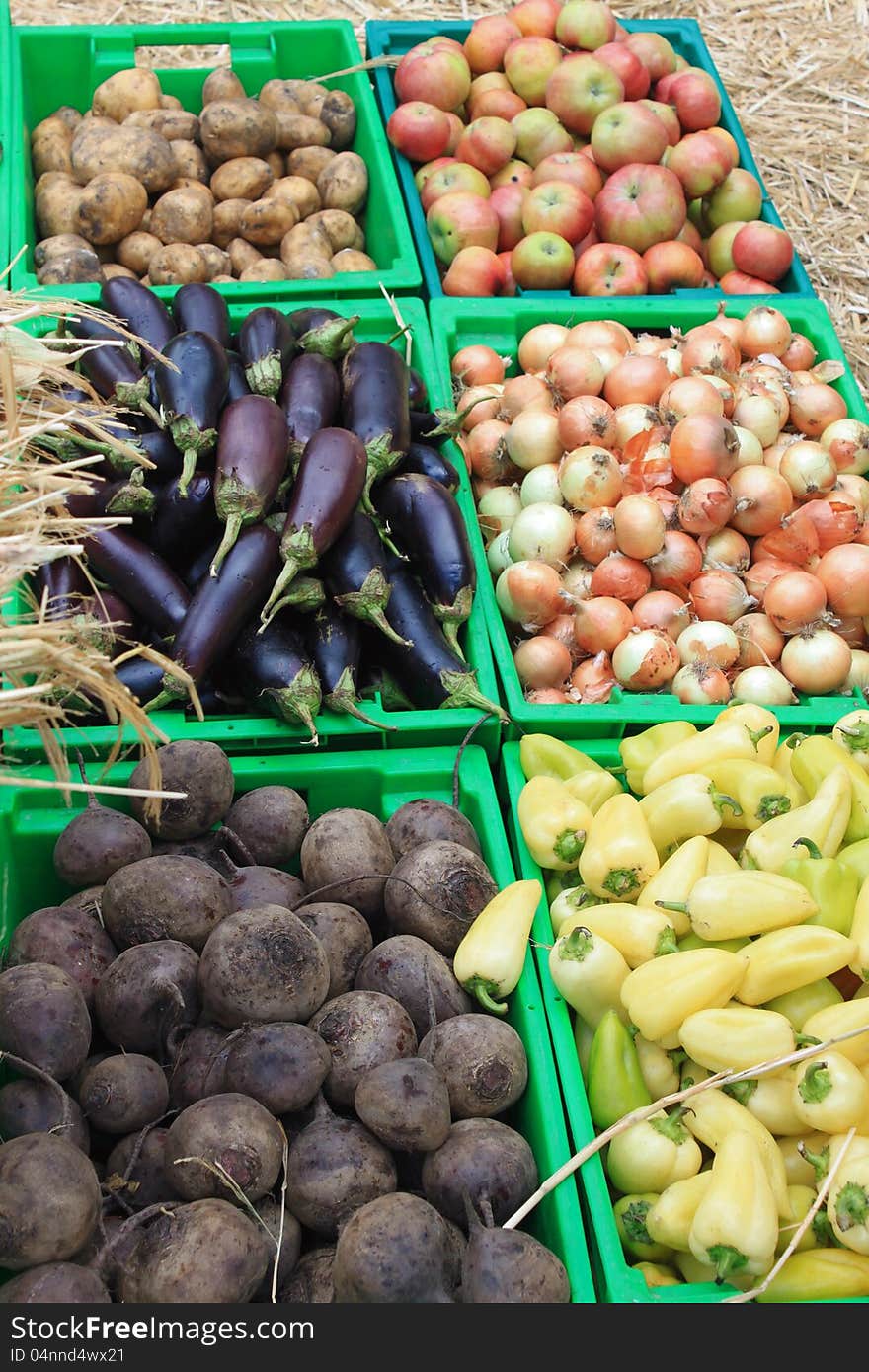 Harvest of vegetables and fruits for gastronomic background