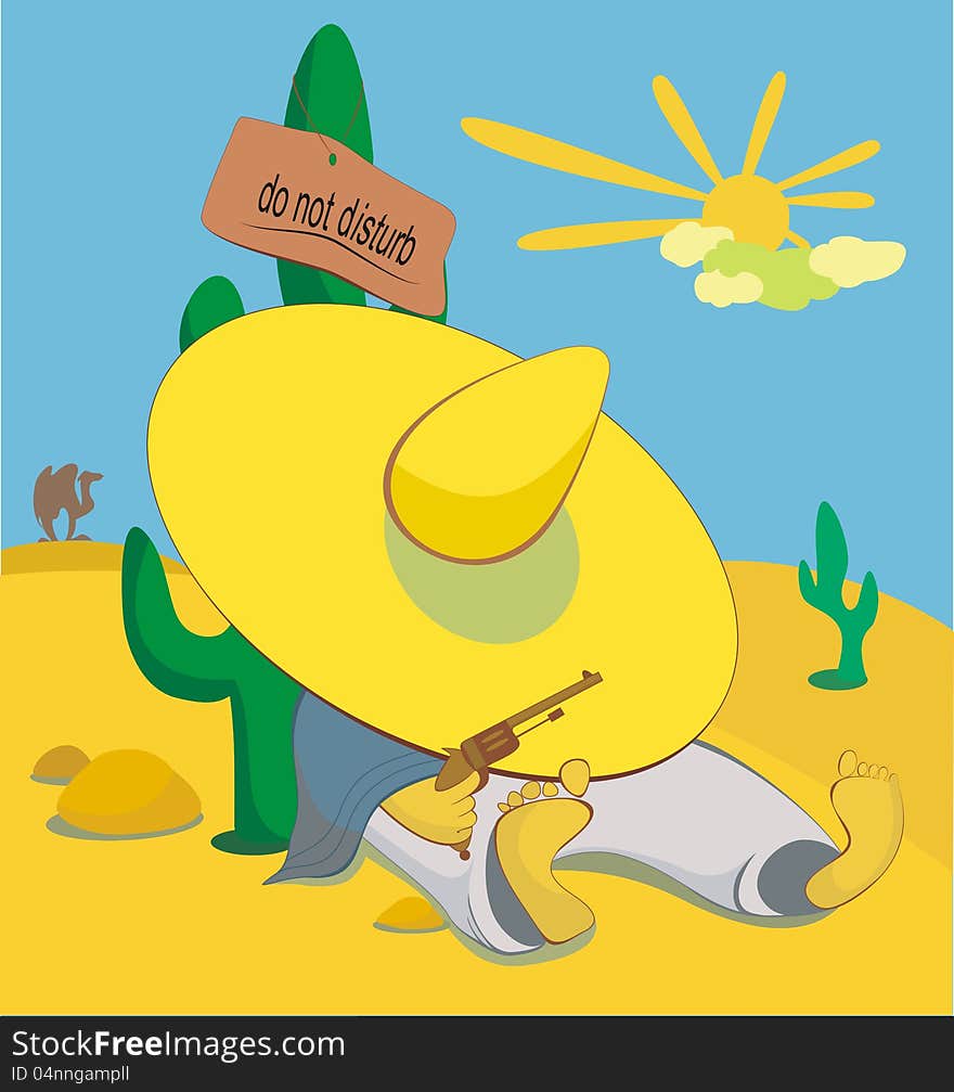 A lying on the sand cowboy pulls his hat over his eyes and asks do not disturb him