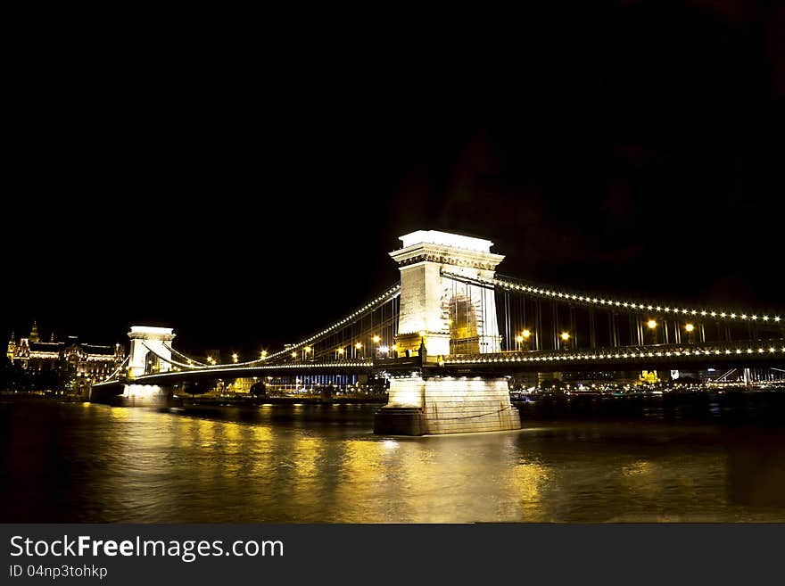 Hungarian landmark, Chain Bridge on Danube river in Budapest at night