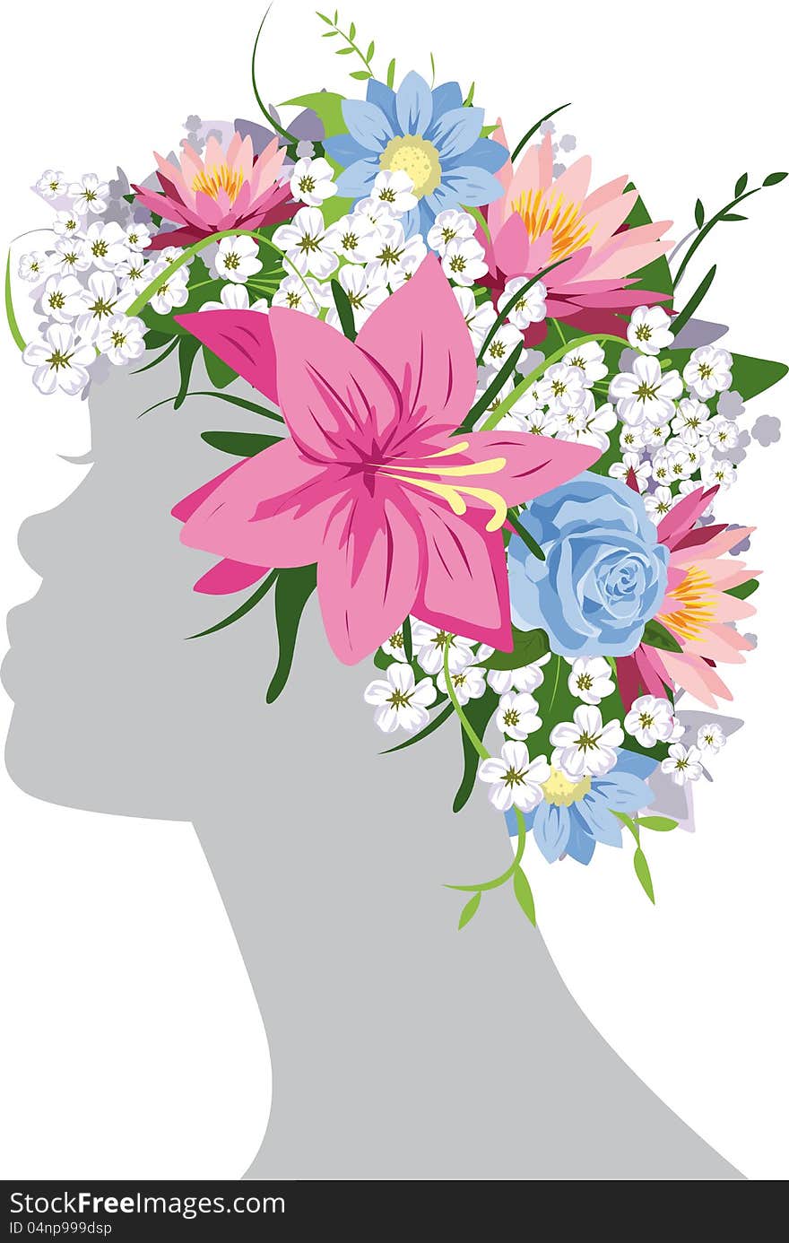 Woman with flowers on head on grey background