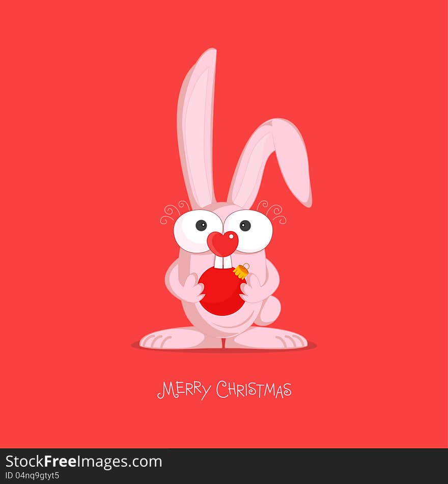 Christmas card theme with a funny bunny holding a christmas ball ornament. Christmas card theme with a funny bunny holding a christmas ball ornament.