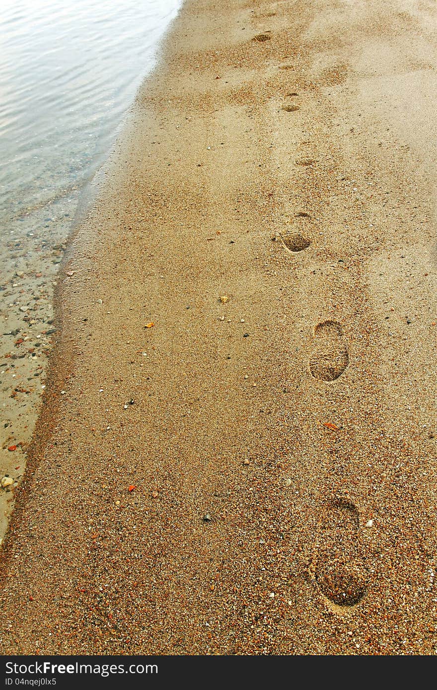 Feet stamp on sand at the the sea. Feet stamp on sand at the the sea.