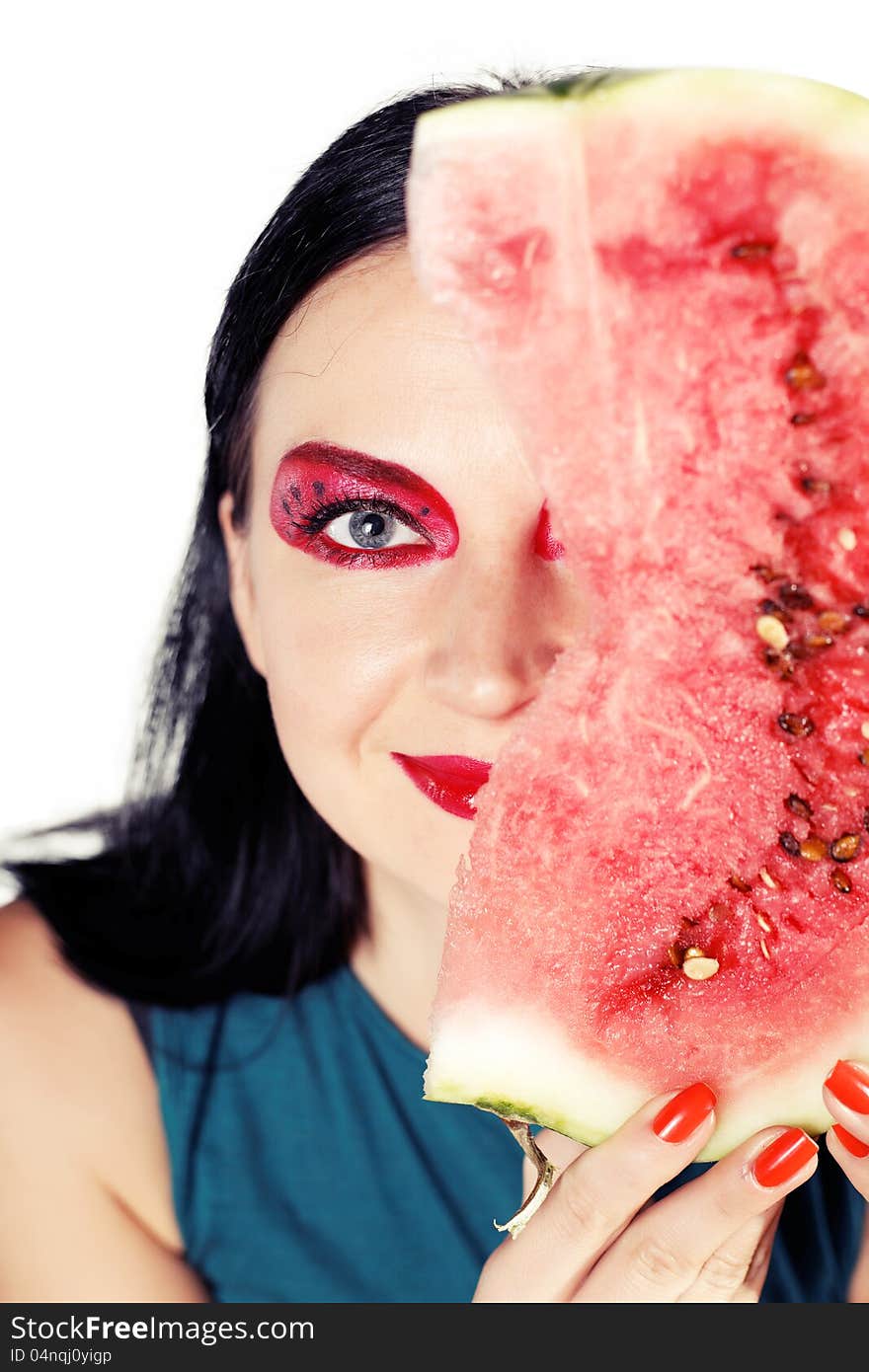 Portrait of a girl with watermelon isolated on white background