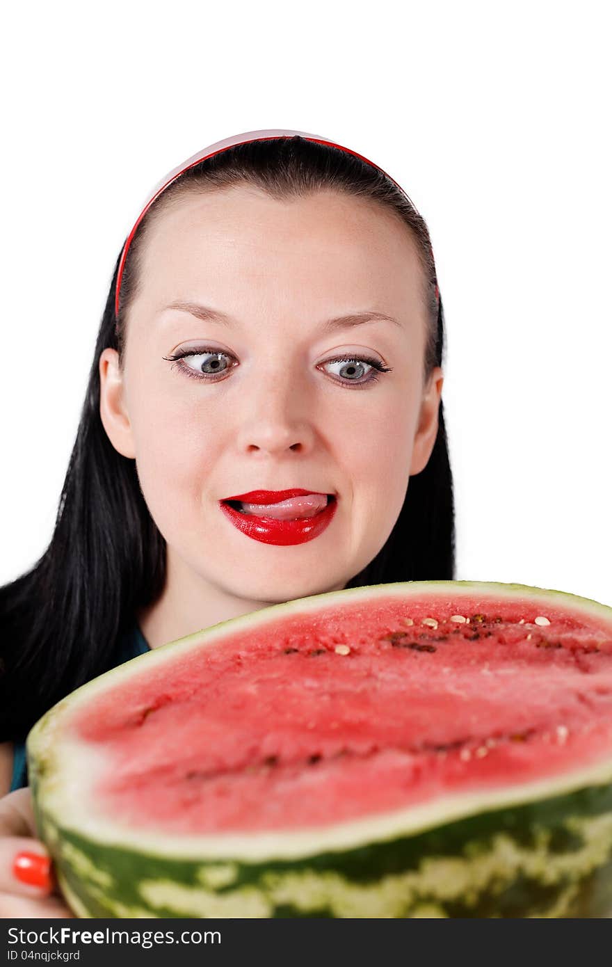 She licks her lips looking at the watermelon isolated white background