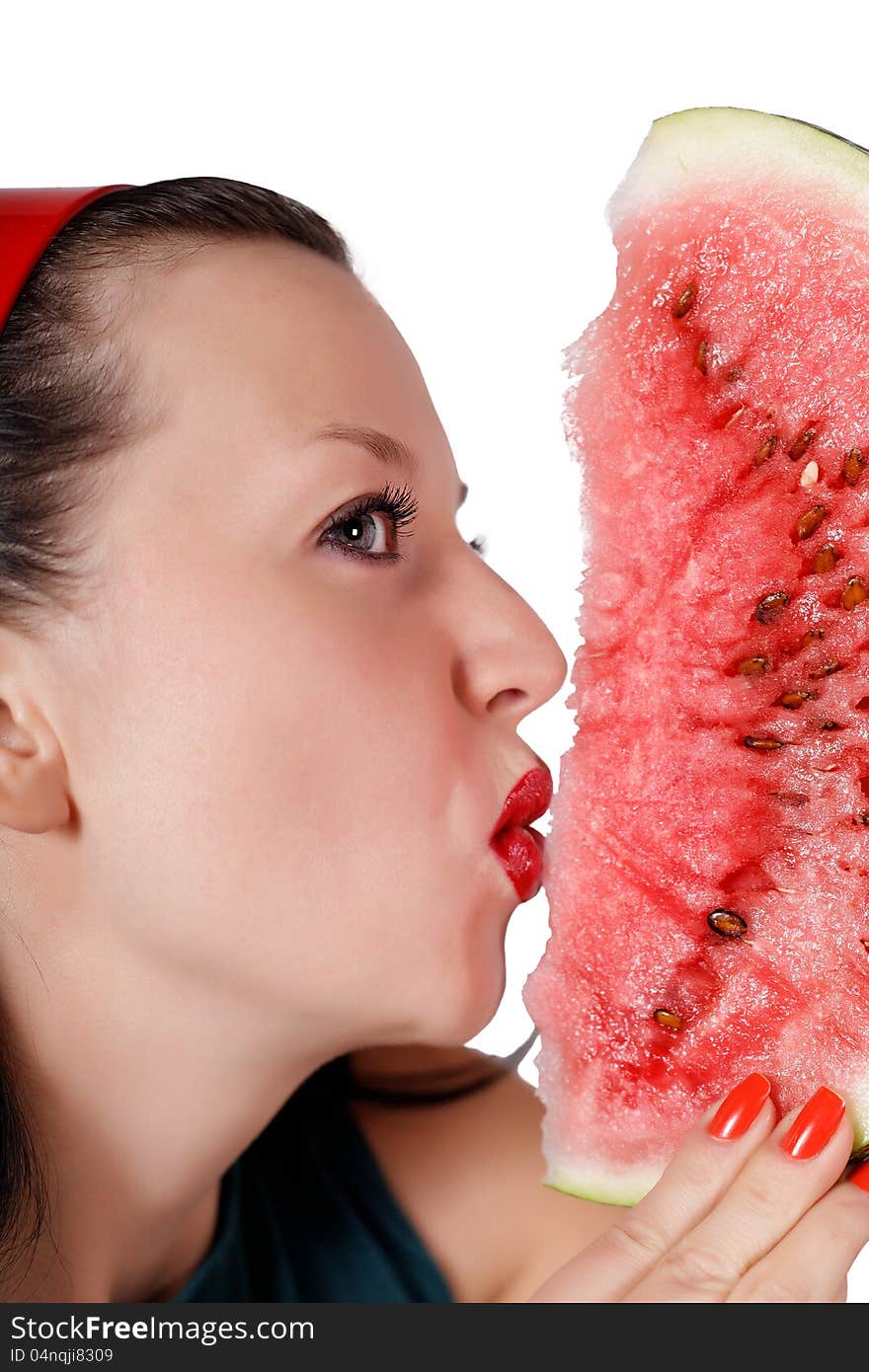 She loves watermelon isolated white background