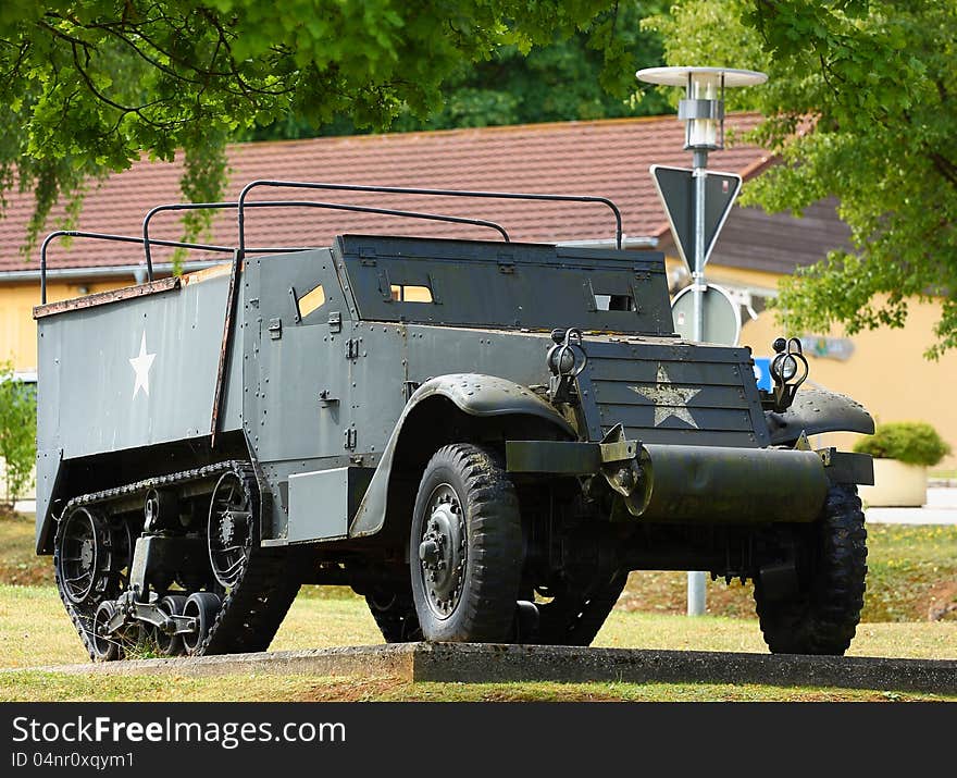 Military WWII half truck in a park outdoor. Military WWII half truck in a park outdoor