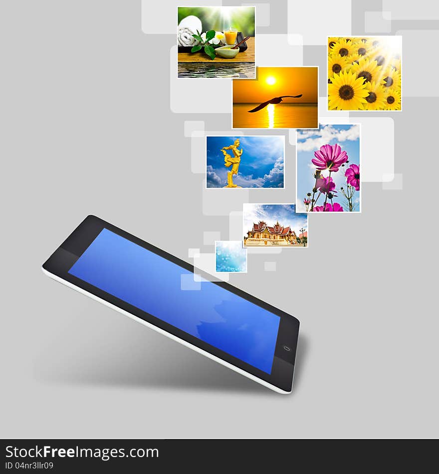 Tablet with content flying past. Tablet with content flying past