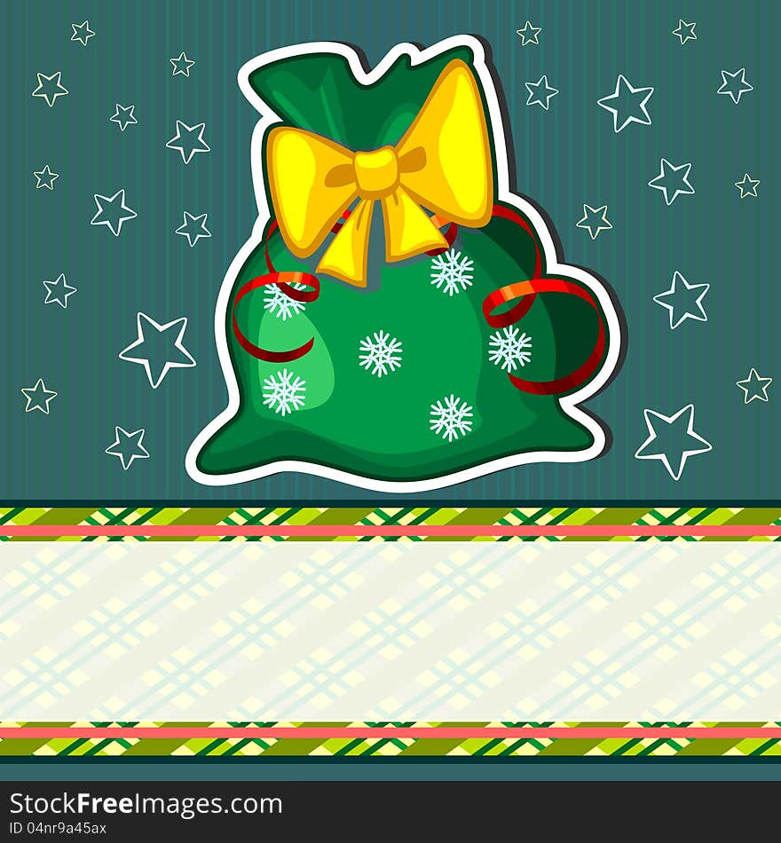 Green Christmas card with big sack with presents. Green Christmas card with big sack with presents