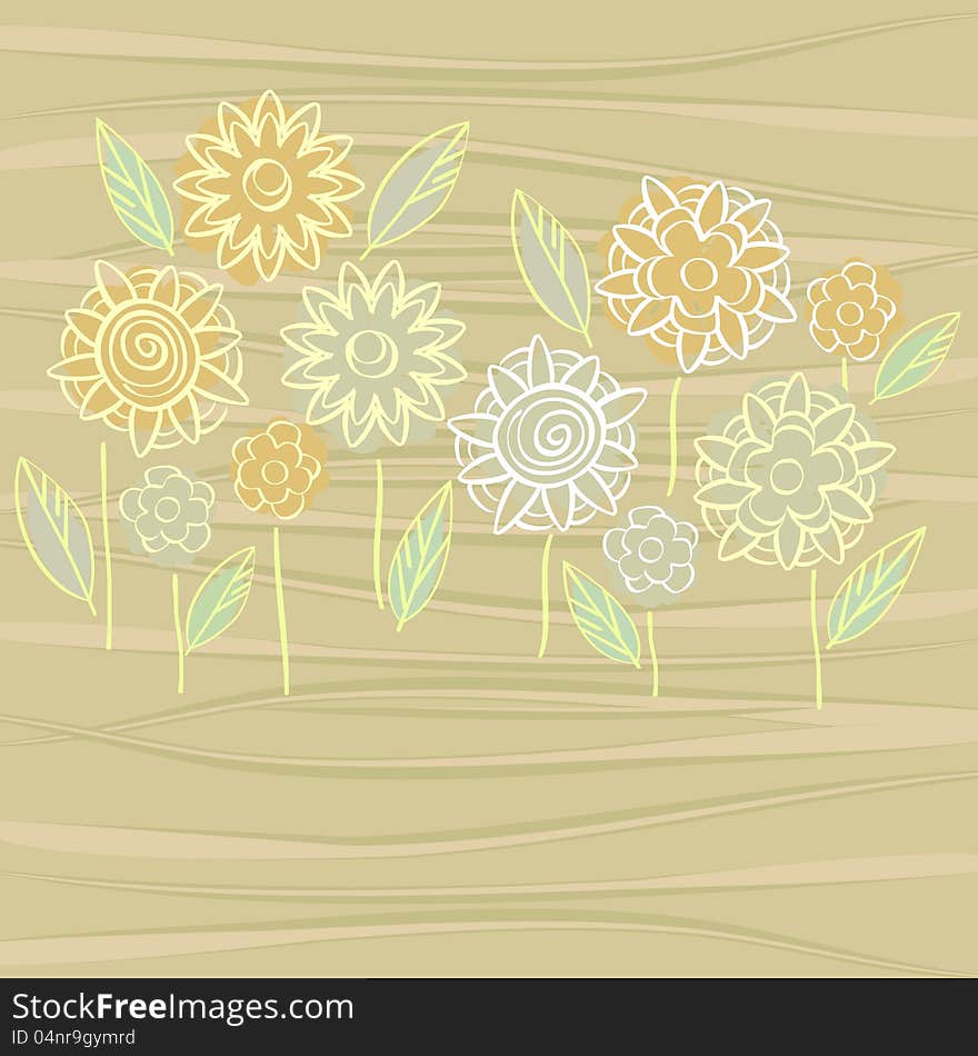 Floral card with doodle flowers over wooden texture. Floral card with doodle flowers over wooden texture