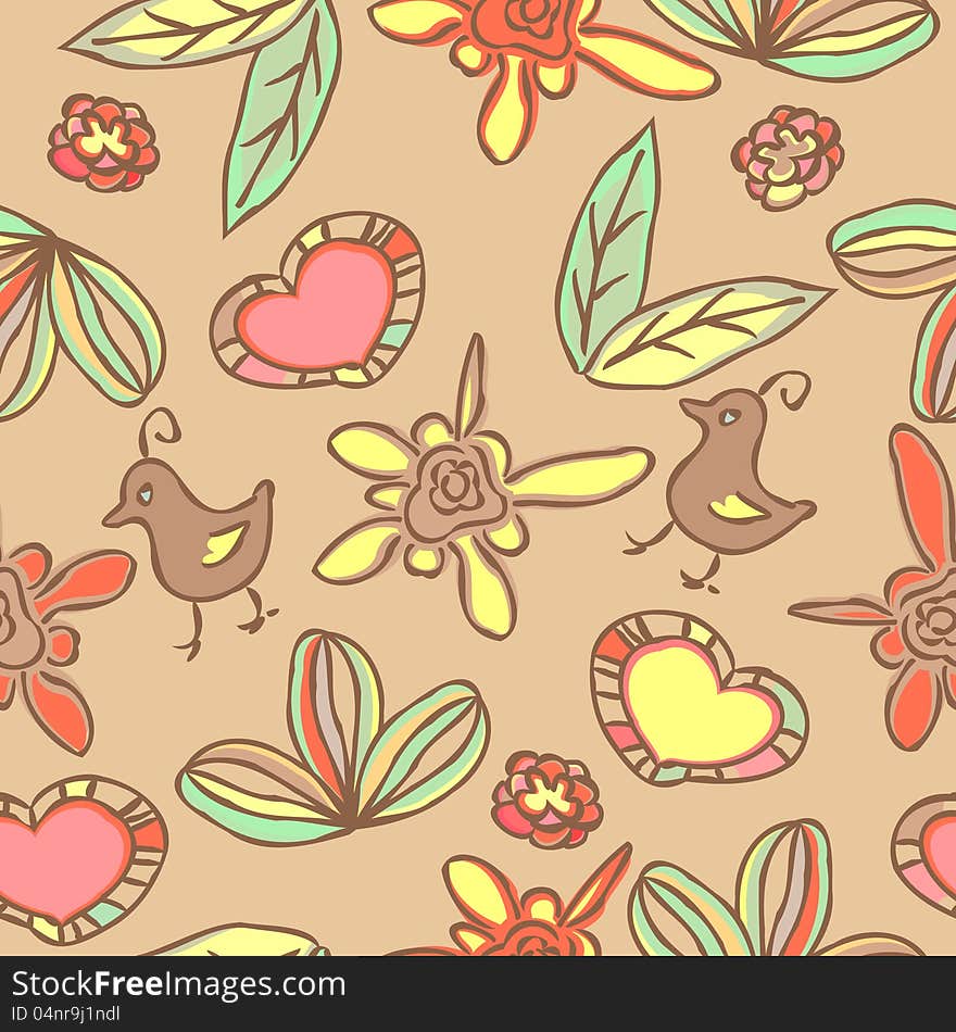 Doodle seamless background with flowers and leaves and hearts. Doodle seamless background with flowers and leaves and hearts