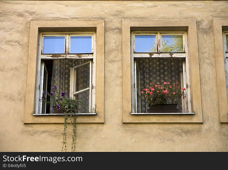 Open windows with flowers on the windowsill. Open windows with flowers on the windowsill