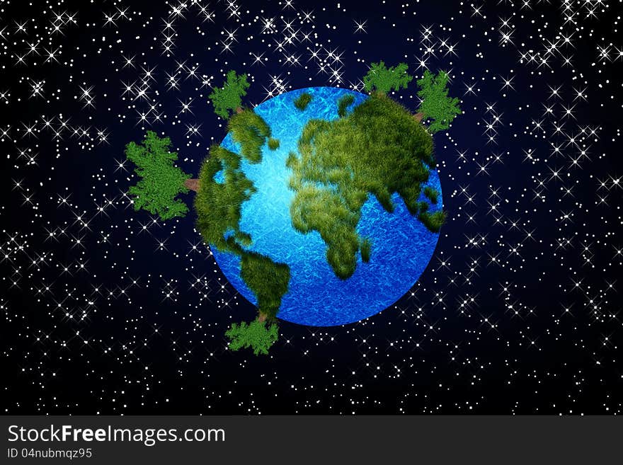 Abstract illustration of miniature planet with trees. Abstract illustration of miniature planet with trees.