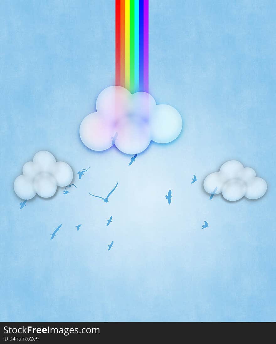 Colorful design with clouds and rainbow on blue. Colorful design with clouds and rainbow on blue.