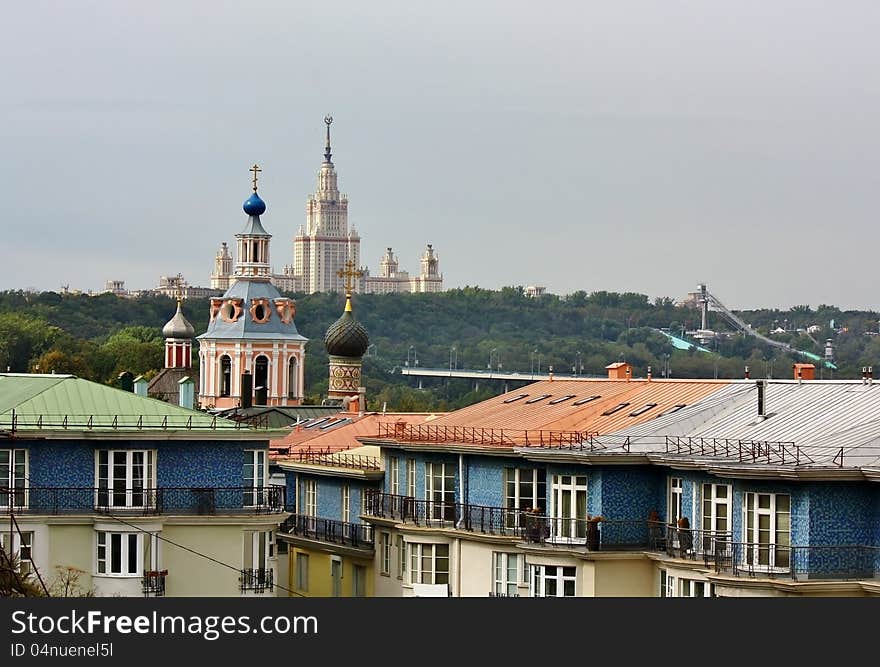 View of the southwest of Moscow with the building of Moscow State University and ski jump. View of the southwest of Moscow with the building of Moscow State University and ski jump