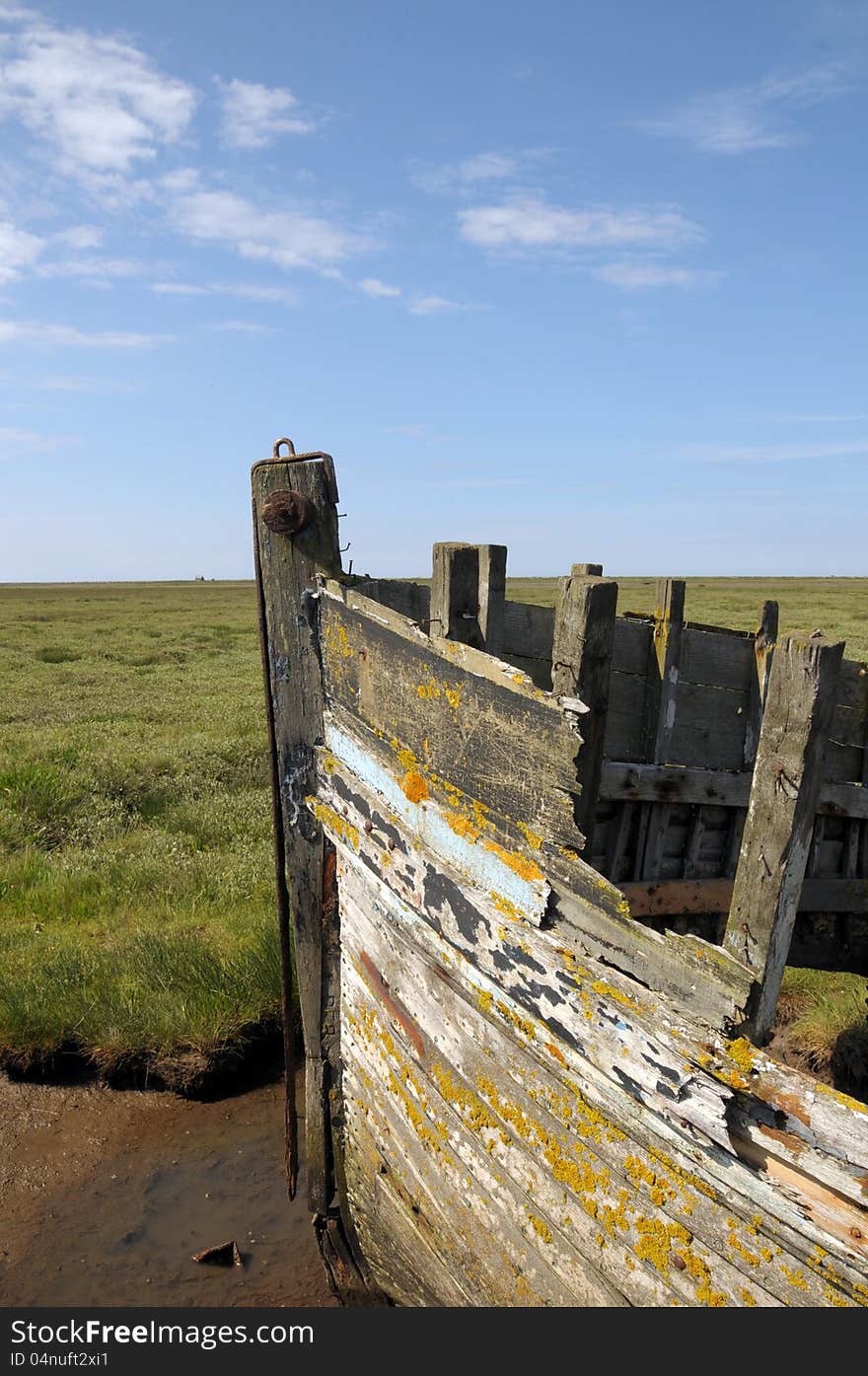 Remains of fishing boat on Norfolk coast at Blakeney. Remains of fishing boat on Norfolk coast at Blakeney