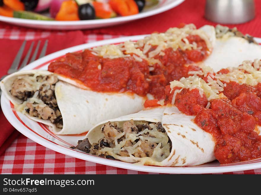 Two enchiladas with tomato sauce and cheese. Two enchiladas with tomato sauce and cheese