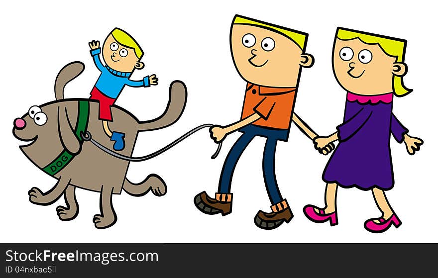 Illustration of a happy family taking a walk with their dog and their son riding on it. Illustration of a happy family taking a walk with their dog and their son riding on it