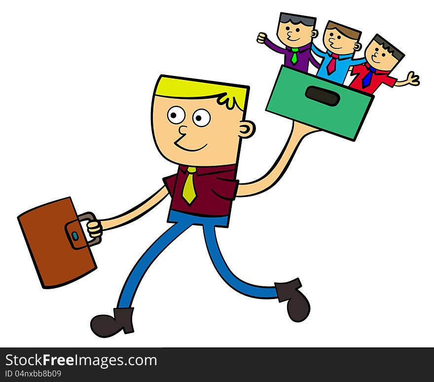 A business man illustration carrying a bag in one hand and the other hand carries a box with three business men. A business man illustration carrying a bag in one hand and the other hand carries a box with three business men