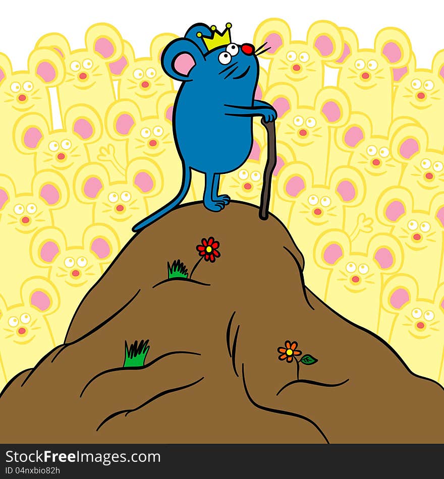 Illustration of a mouse king on top of a small hill with lots of mice looking at him. Illustration of a mouse king on top of a small hill with lots of mice looking at him