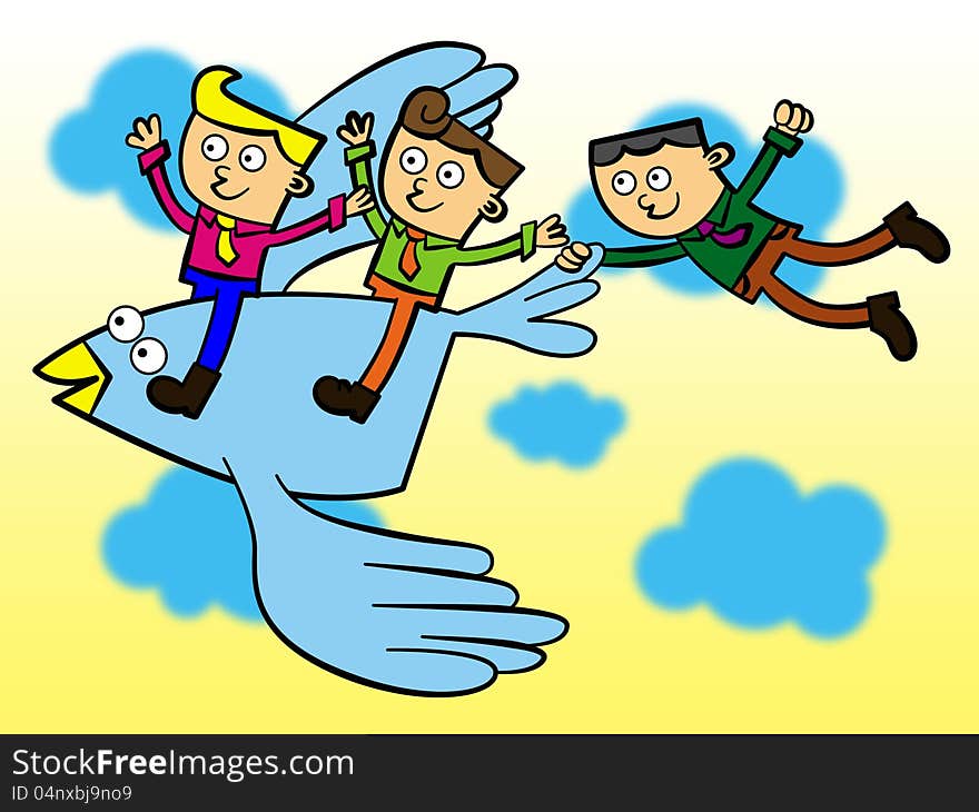 An illustration of three business men riding a giant blue bird. An illustration of three business men riding a giant blue bird