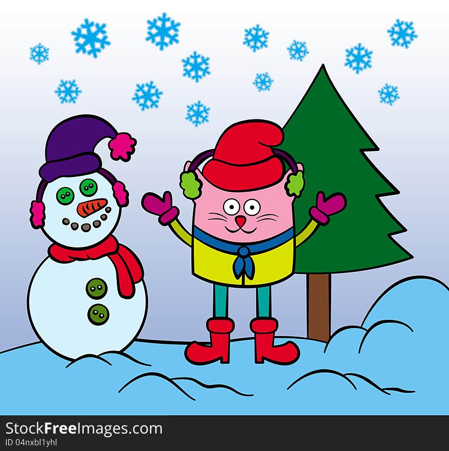 Cute illustration of a cat with a smiling snowman beside it. Cute illustration of a cat with a smiling snowman beside it