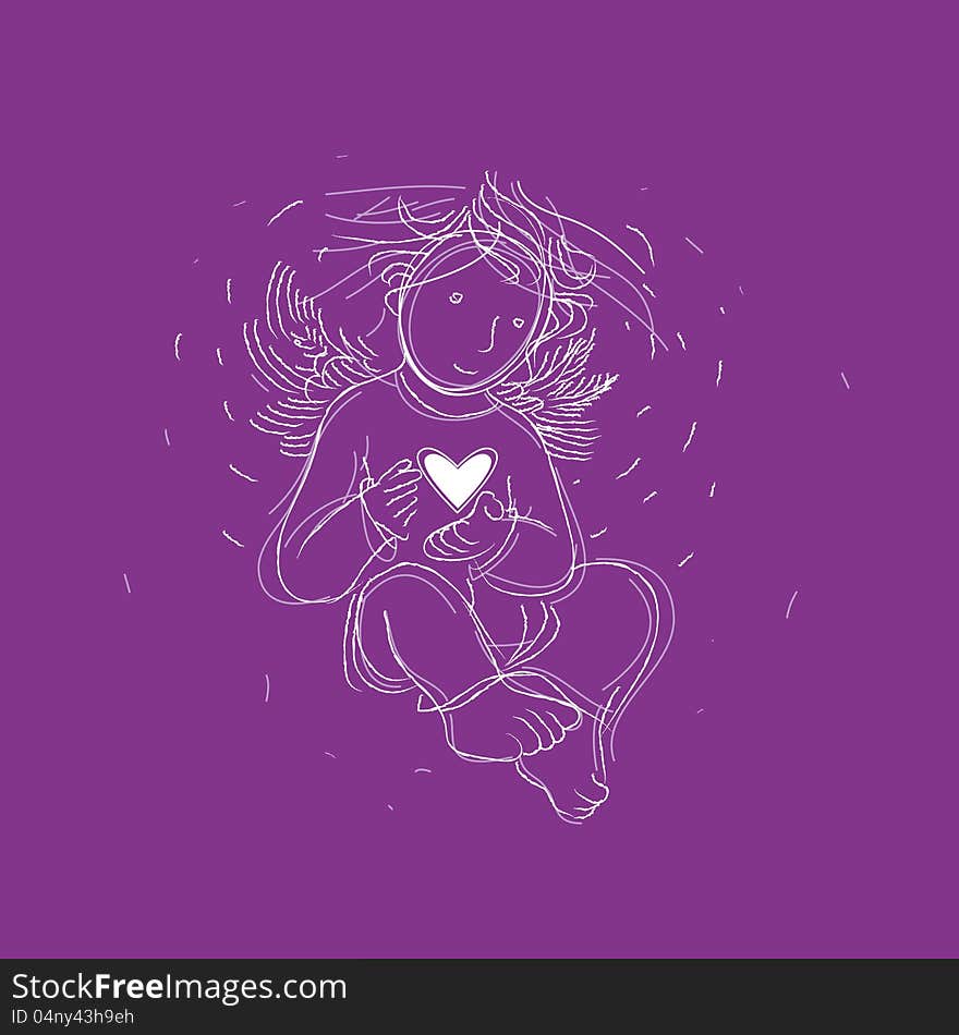 An illustration, drawing of an angel / amour who is holding a heart. Can be used as a postcard for Valentine's Day, Christmas or New Year. An illustration, drawing of an angel / amour who is holding a heart. Can be used as a postcard for Valentine's Day, Christmas or New Year.