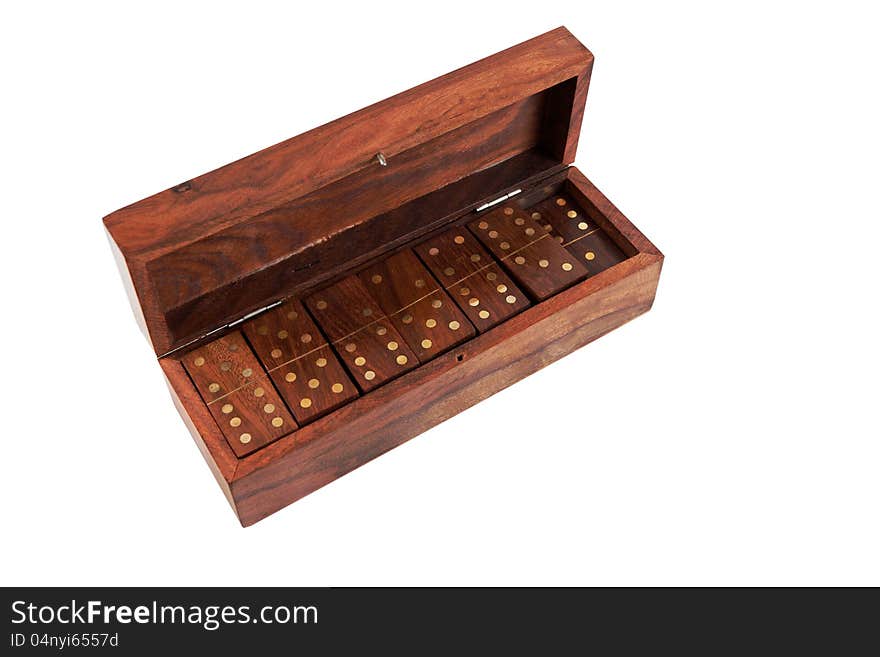 Wooden box with domino - on white background