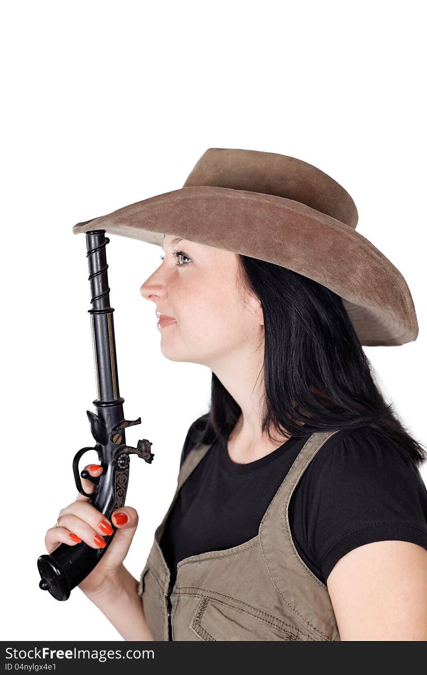 Girl with guns isolated on white background