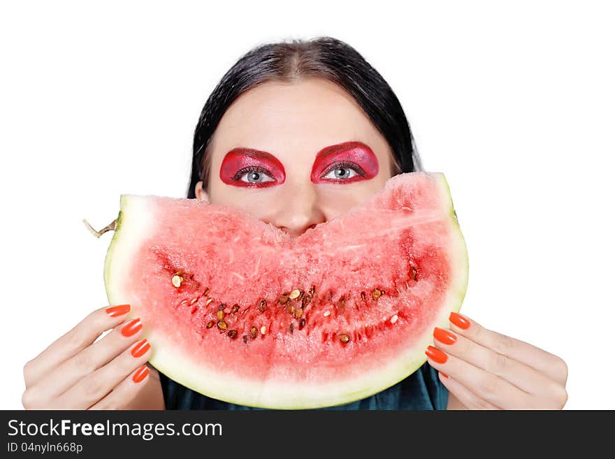 Brunette with watermelon isolated white background