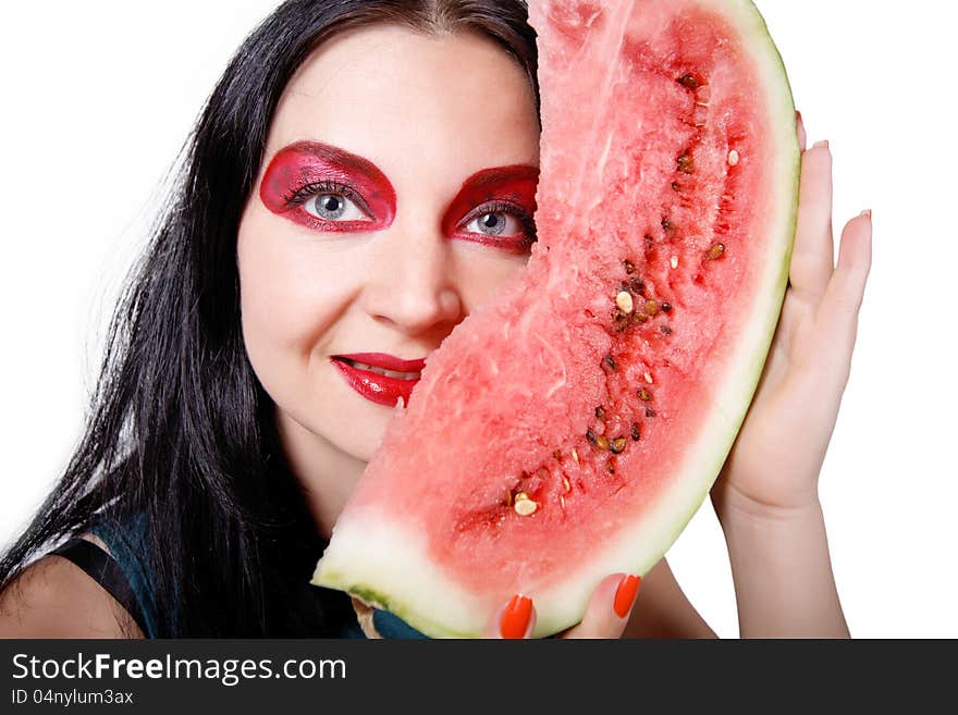 Pretty girl with watermelon isolated white background