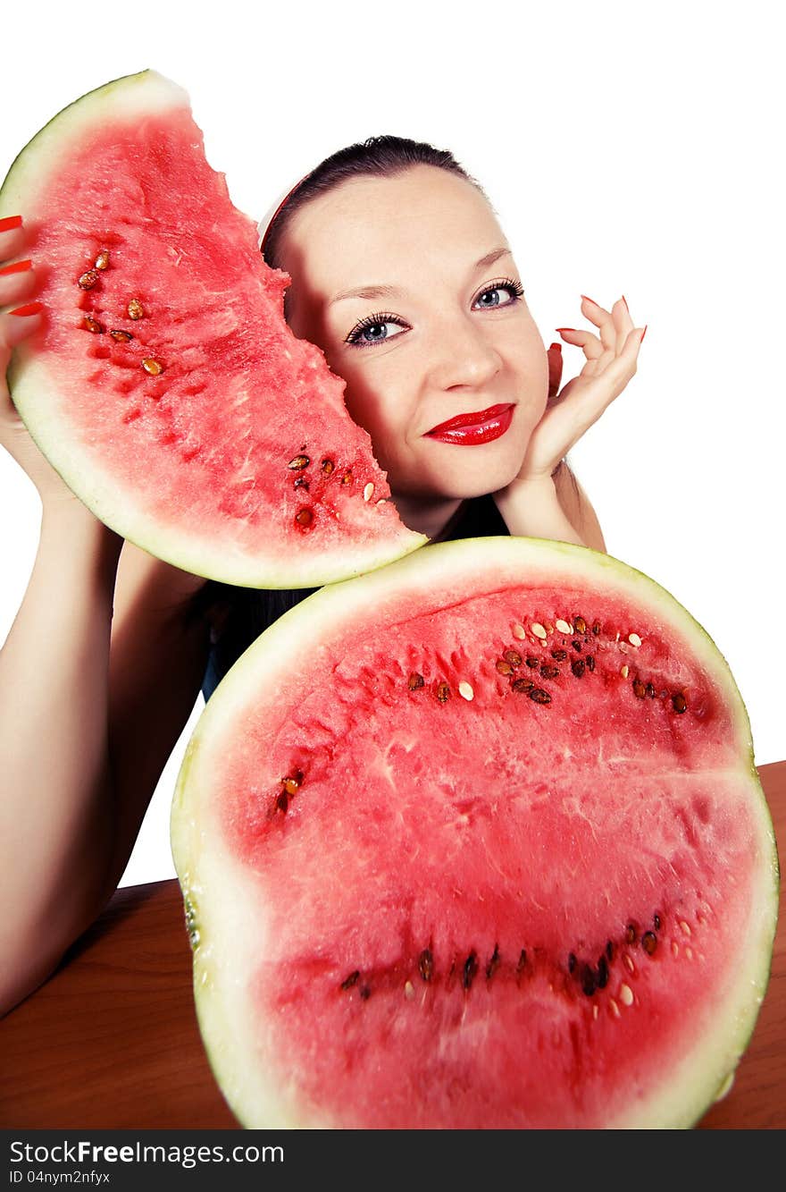 Cute girl loves watermelon isolated