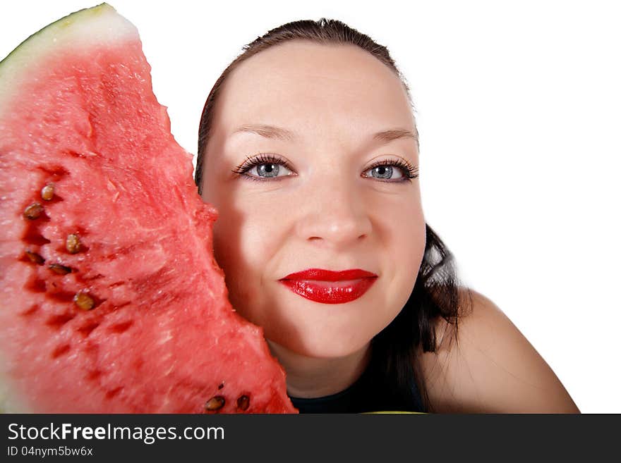 She loves watermelon isolated white background