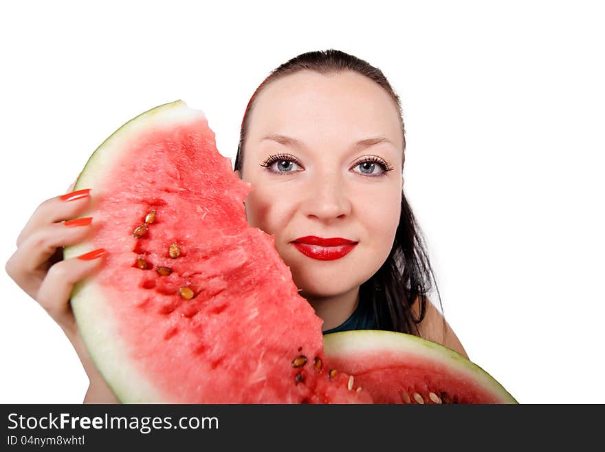 Brunette girl and fresh watermelon