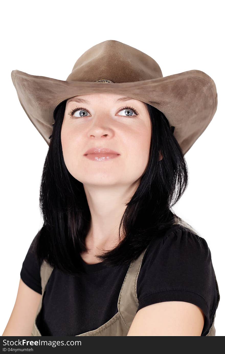 Portrait of brunette girl with a hat isolated on white background