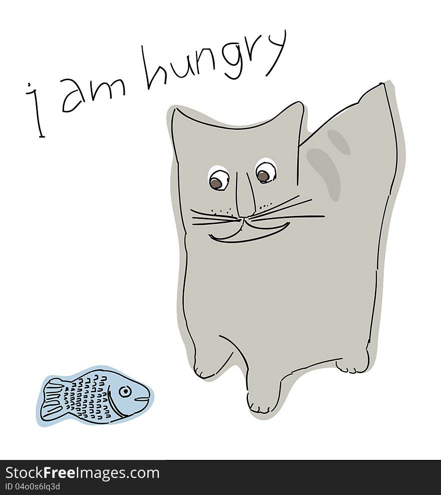 Illustration of a hungry cat in a humorous style. Illustration of a hungry cat in a humorous style.